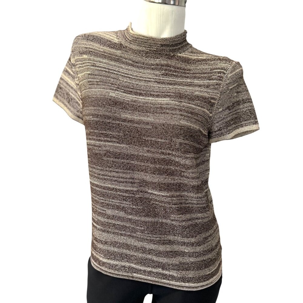 Jones New York Womens Striped Short Sleeve Mock Neck Knit Top S Brown/Beige